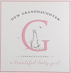 New Baby Card - New Granddaughter / A Rabbit Sitting In Pink 'G'