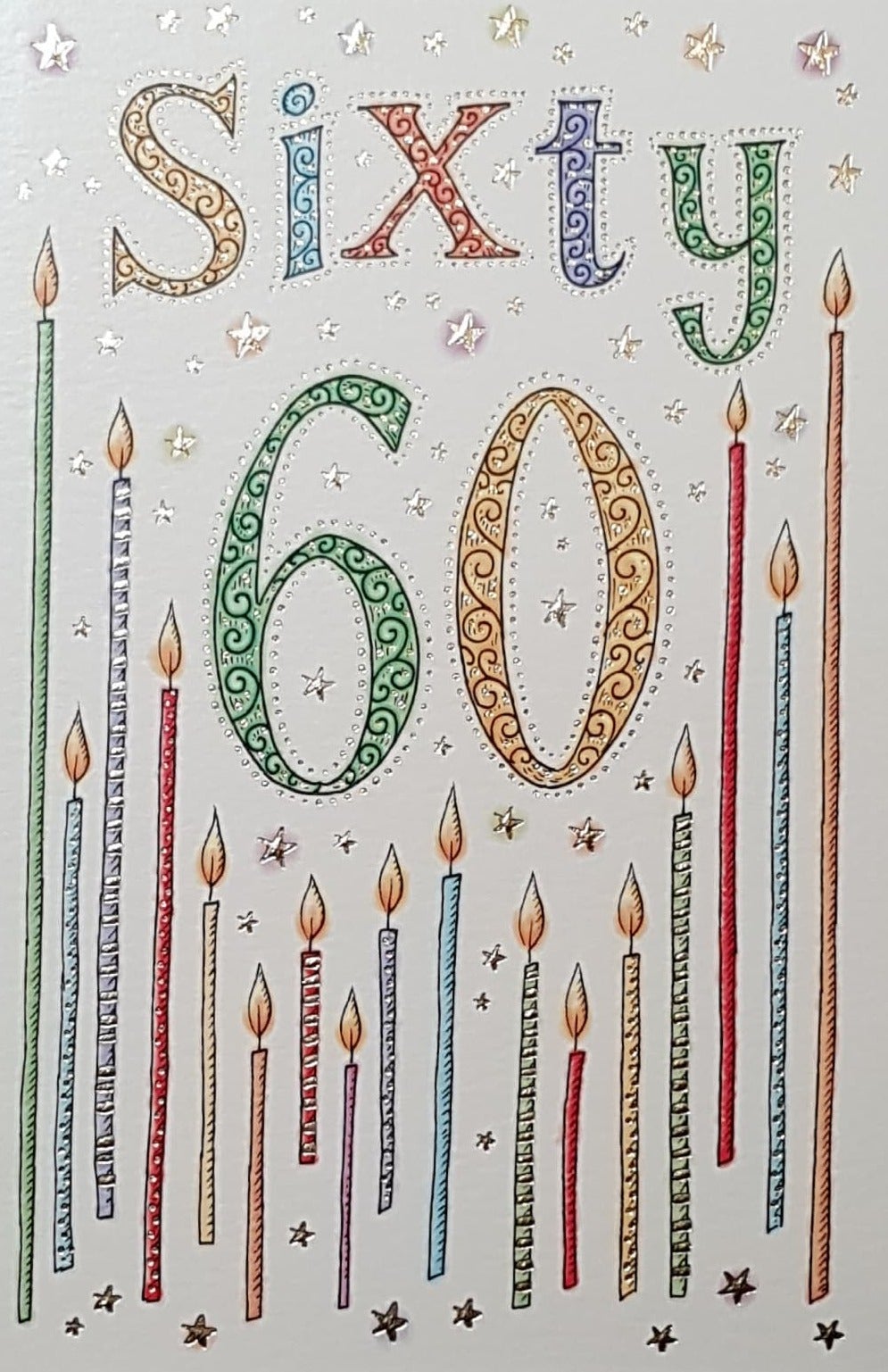 Age 60 Birthday Card - Tall Colourful Candles & A Multicoloured Font