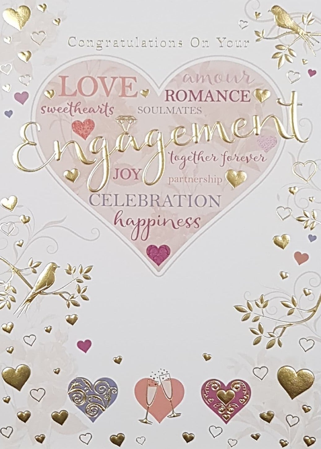 Engagement Card - Gold Branches & Birds & A Large Pink Heart In Centre