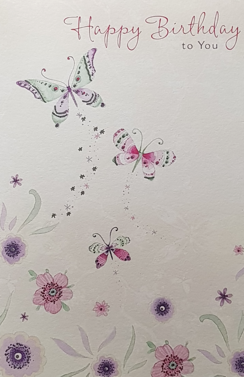 Birthday Card - General Female / Butterflies & Purple Flowers