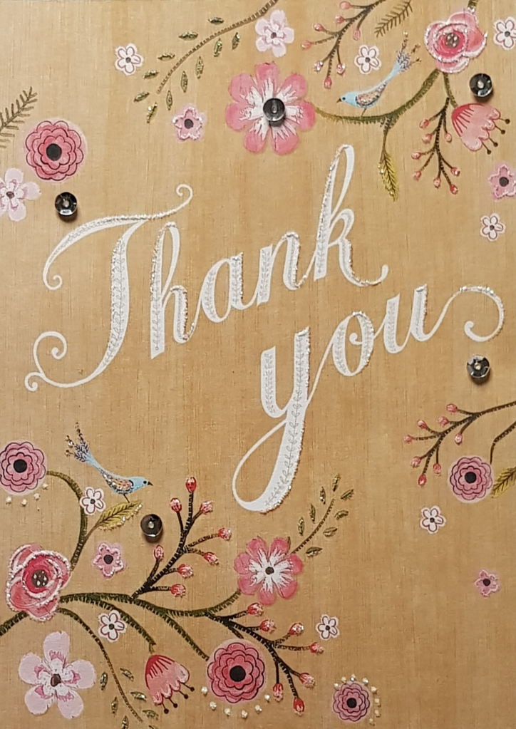 Thank You Card - Pink Rose Branches & A White Font