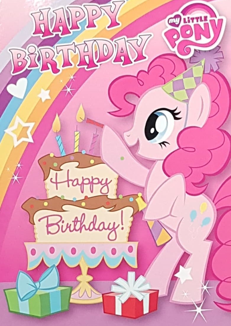 Birthday Card - A Cute Pink Pony With A Cake & A Raibnow
