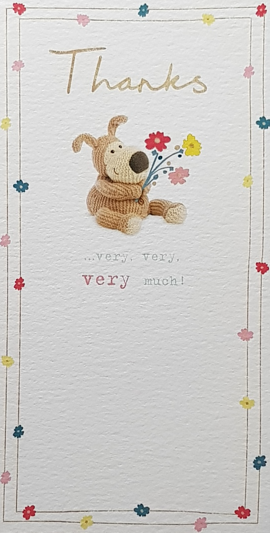 Thank You Card - A Cute Dog Teddy Holding Flowers