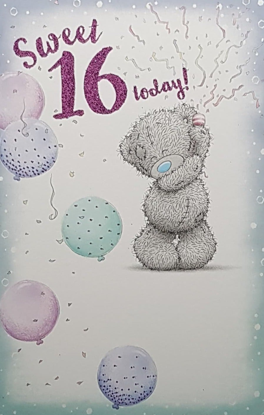 Age 16 Birthday Card - 'Sweet 16 Today' & Teddy With Party Popper, Purple & Pink Balloons