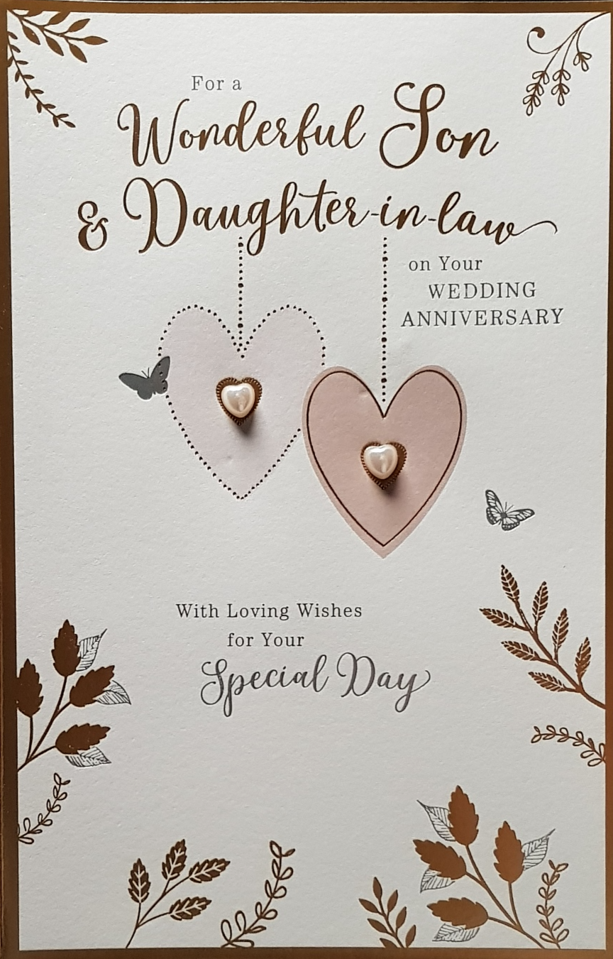 Anniversary Card - Son & Daughter-In-Law / Two Hanging Hearts With Heart Pearls