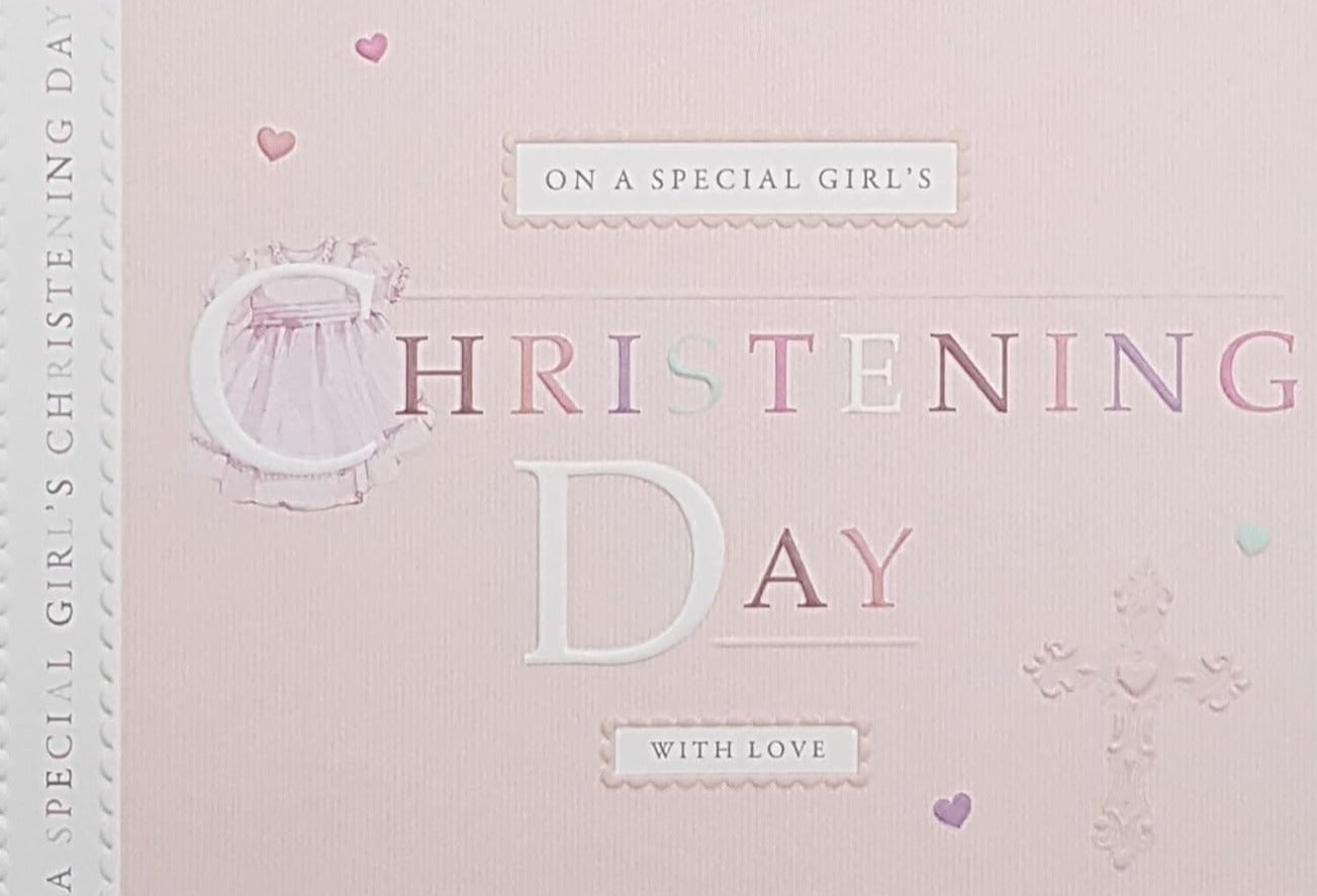 Christening Card -Special Girl / A Pink Dress Behind A Colourful Font