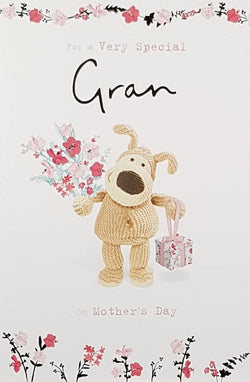 Gran Mothers Day Card - Dog Teddy Bear Holding Bouquet & Gift