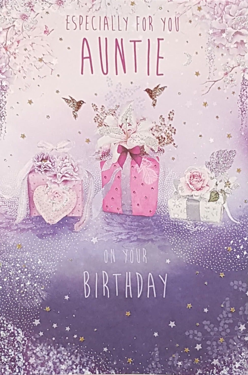 Birthday Card - Auntie / Three Floral Gift Boxes & A Purple Front