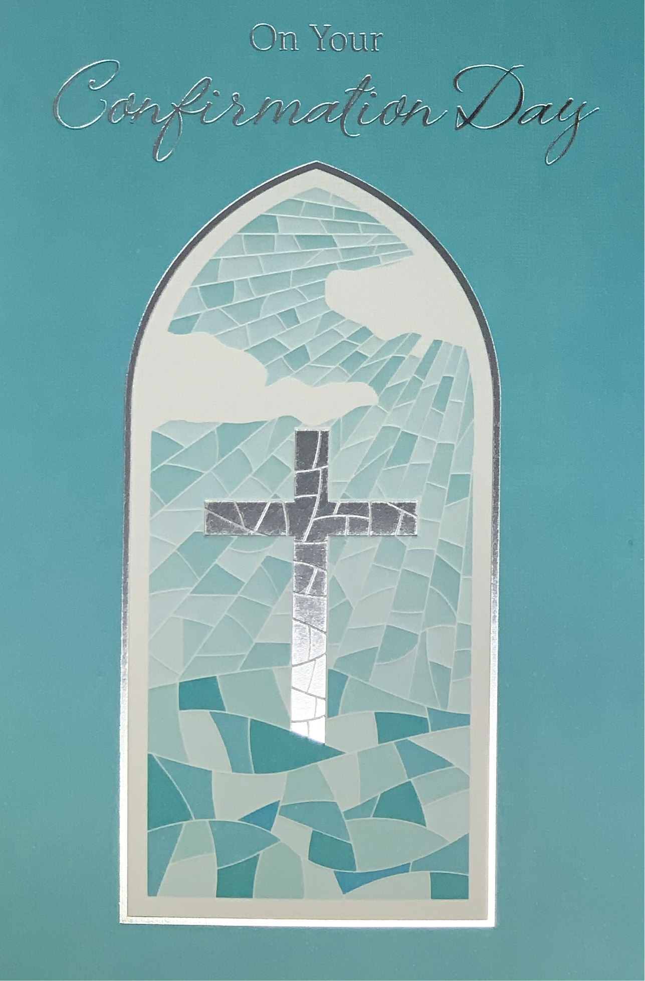 Confirmation Card - A Silver Cross As A Stained Glass Window (Boy)