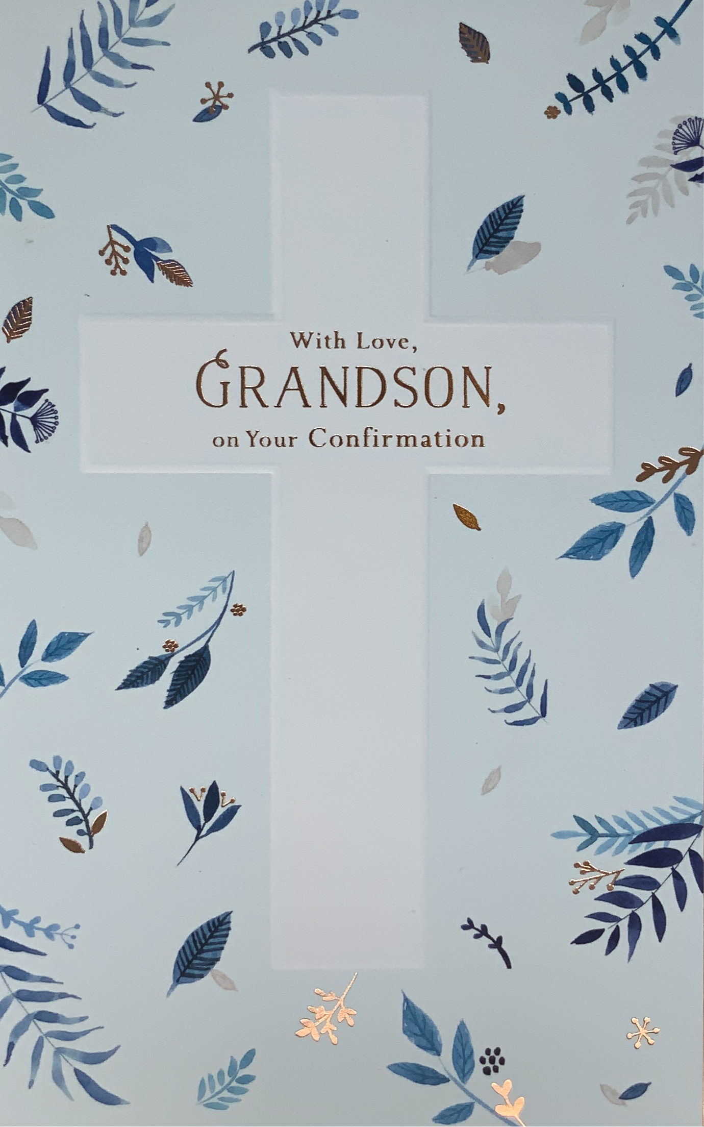 Confirmation Card - Blue & Gold Leaves (Grandson)