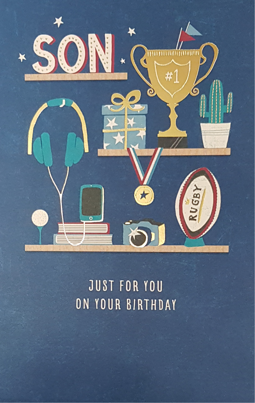 Birthday Card - Son/ Trophy and Rugby Ball on Shelves
