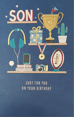 Birthday Card - Son/ Trophy and Rugby Ball on Shelves