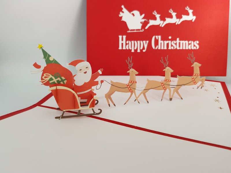 Christmas Pop Up Card - Happy Christmas / Reindeer Pulling Santa Sleigh