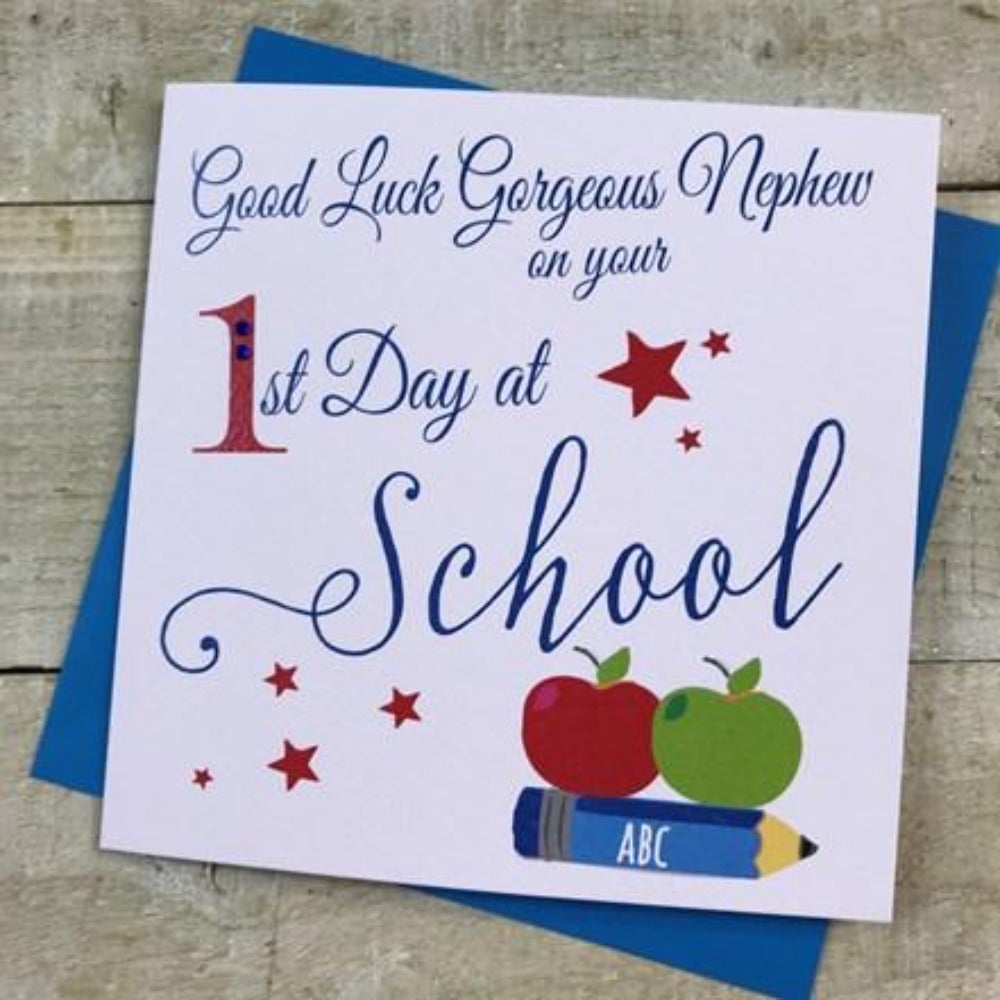 New School Card / Nephew - Blue Crayion Under Two Apples